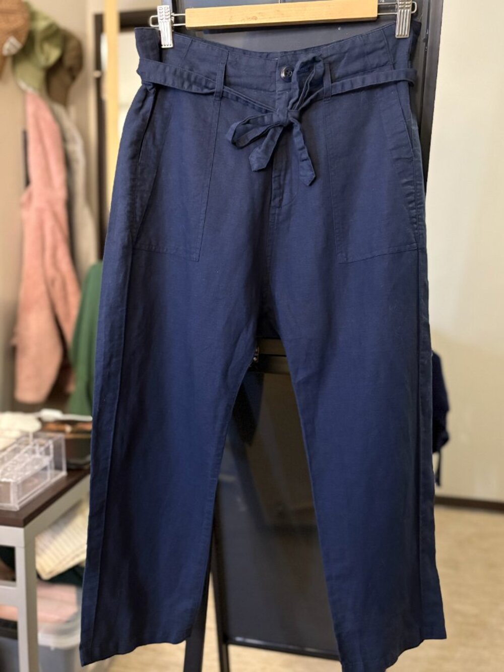 THE GREAT. Convertible Navy Blue Linen Cotton Wide Leg Pants